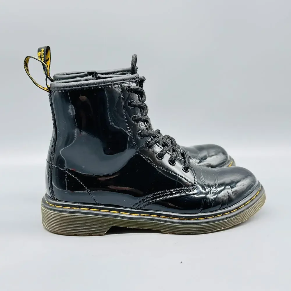 Dr Martens Boots Kids 2 Black Patent Leather 1460 Combat Lace Up Side Zip Youth